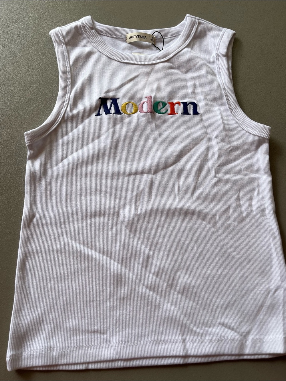 Active USA White Ribbed Tank with Multicolor "Modern" Embroidery